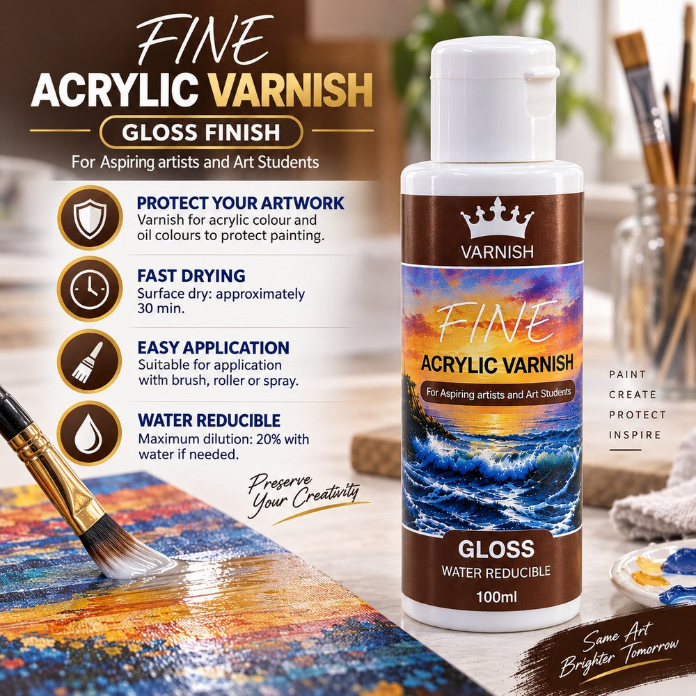 Fine Gloss Acrylic Varnish 120ml - Water Based Clear Protective Coat & Sealer for Acrylic Painting, Canvas, Oil Paint, Wood & Clay Art (Fast Drying & Non-Yellowing)