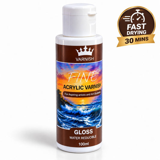 Fine Gloss Acrylic Varnish 120ml - Water Based Clear Protective Coat & Sealer for Acrylic Painting, Canvas, Oil Paint, Wood & Clay Art (Fast Drying & Non-Yellowing)