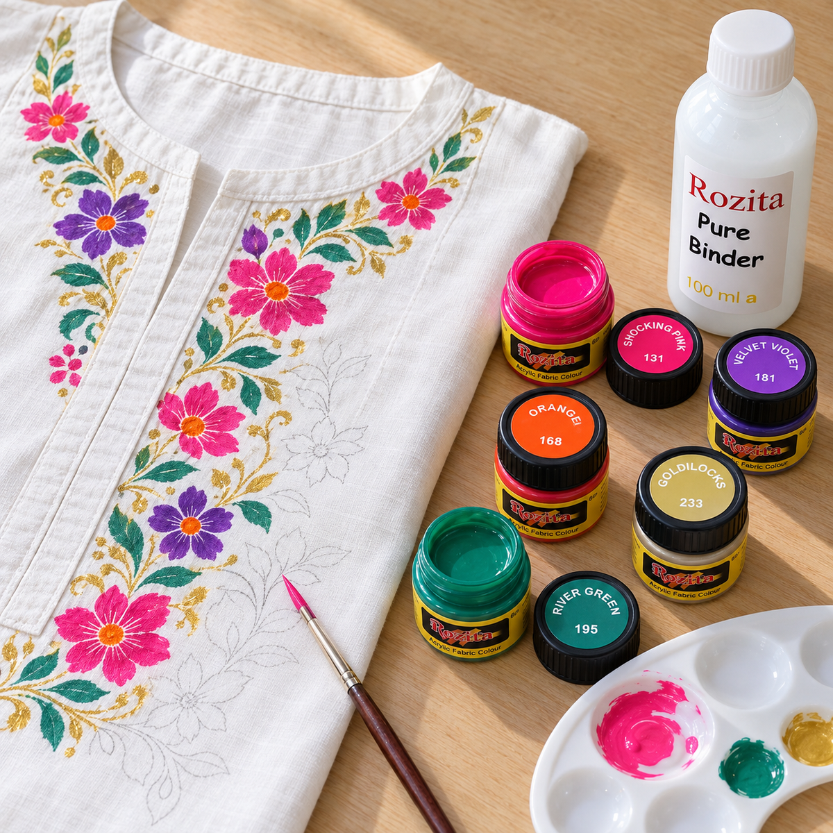 Fabric Paint Set with Binder – 12 Colors 20ml Fabric Colors for Clothes, T-Shirts, Dupatta, Kurta, Denim & Canvas Shoes – Non-Toxic Water-Based Iron Fix Washable Cloth Paint